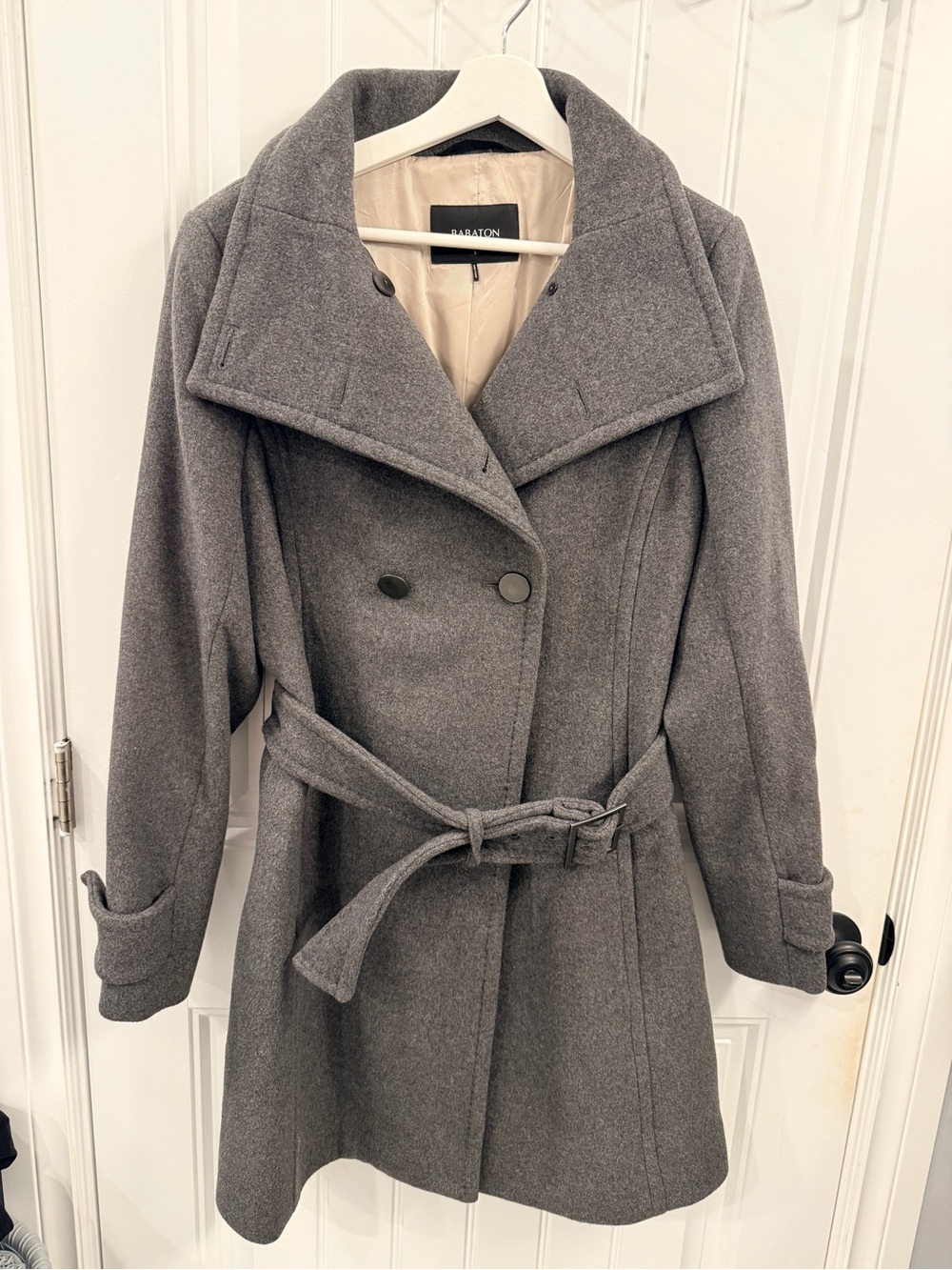 Aritzia BABATON Gray Double-Breasted Wool Pea Coat with Belt